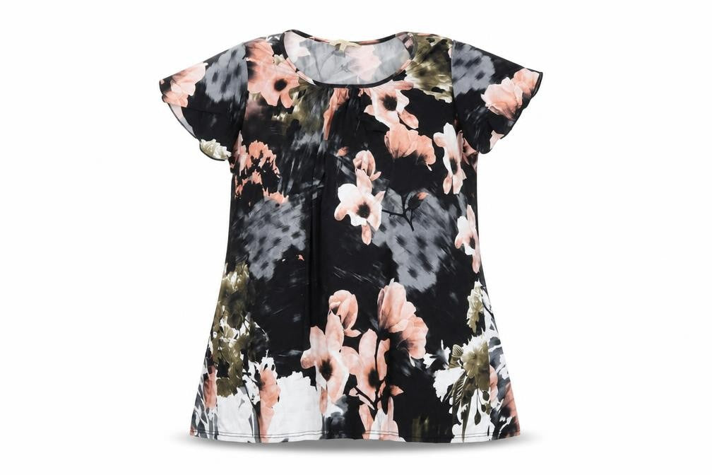 Front view of Vida Vi women’s black floral polyester basic t-shirt, size UK 16, round neck
