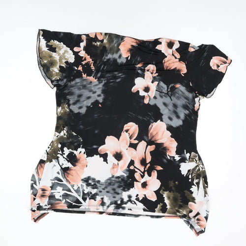 Vida Vi Womens Black Floral Polyester Basic T-Shirt Size 16 Round Neck