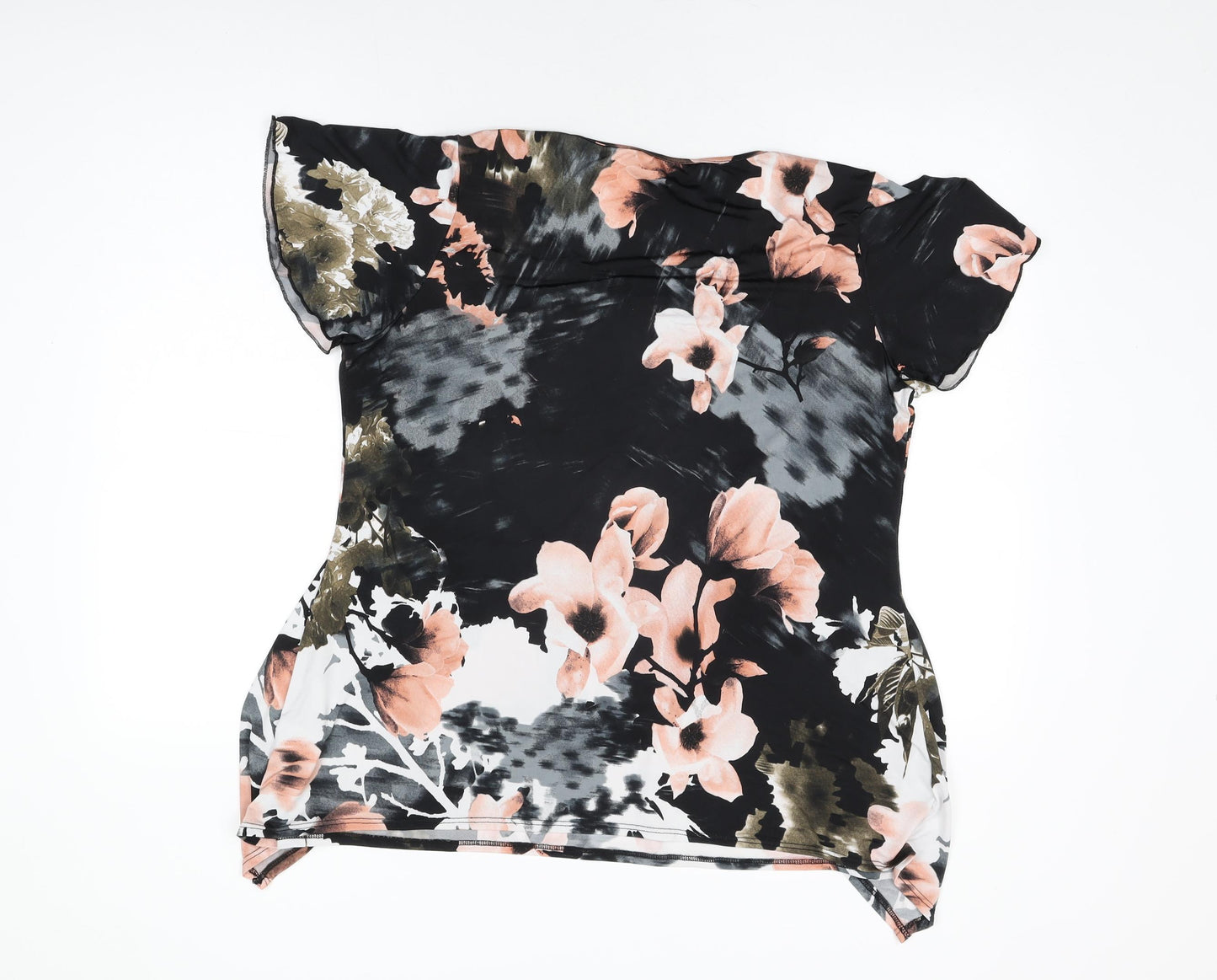 Vida Vi Womens Black Floral Polyester Basic T-Shirt Size 16 Round Neck
