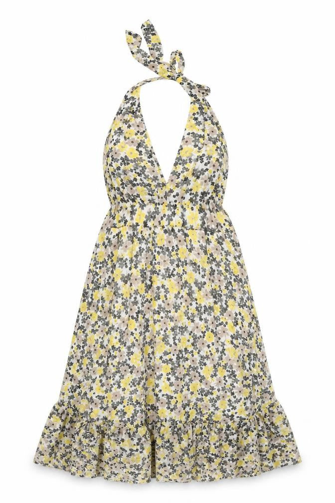 Front view of Therapy women’s white floral polyester shift, size UK 6, halter tie