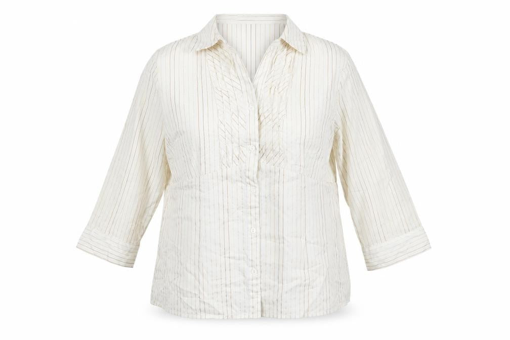 Front view of Just Elegance women’s white striped cotton basic button-up, size UK 16, collared