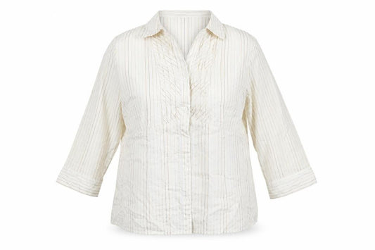 Front view of Just Elegance women’s white striped cotton basic button-up, size UK 16, collared