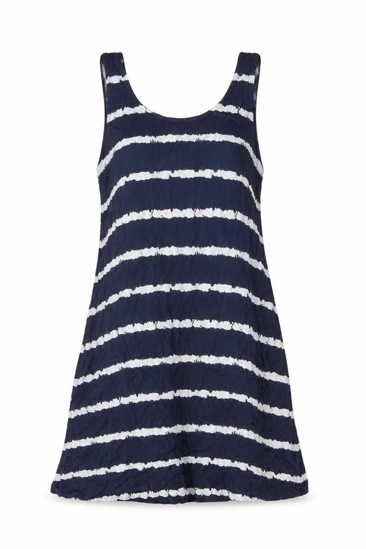Front view of Next women’s blue striped viscose shift, size UK 14, round neck pullover