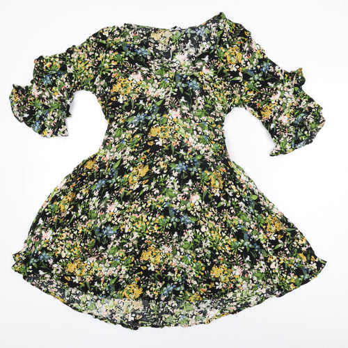 Warehouse Womens Black Floral Viscose Skater Dress Size 12 V-Neck Pullover