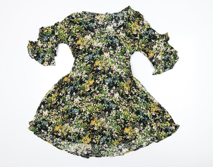 Warehouse Womens Black Floral Viscose Skater Dress Size 12 V-Neck Pullover