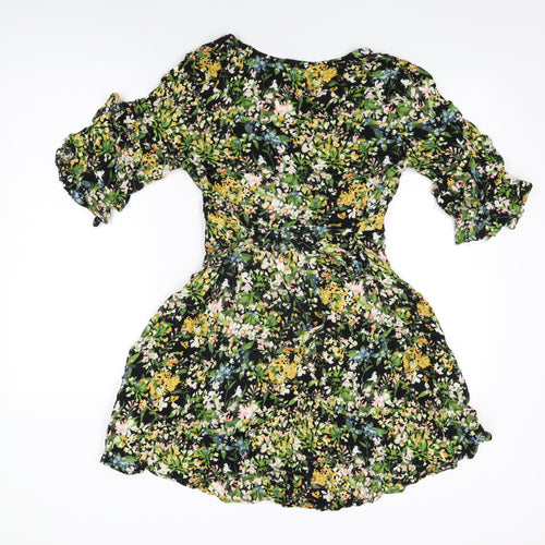 Warehouse Womens Black Floral Viscose Skater Dress Size 12 V-Neck Pullover