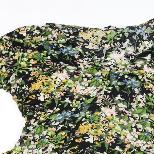 Warehouse Womens Black Floral Viscose Skater Dress Size 12 V-Neck Pullover