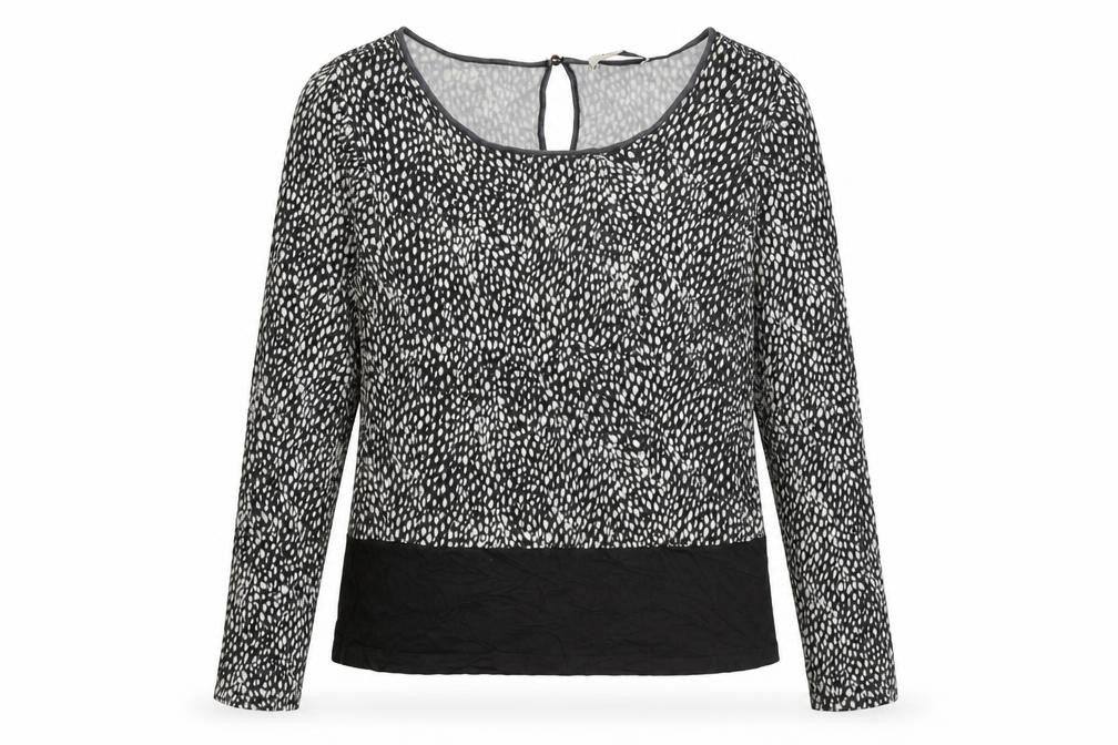Front view of Oasis women’s black geometric viscose basic t-shirt, size L, round neck