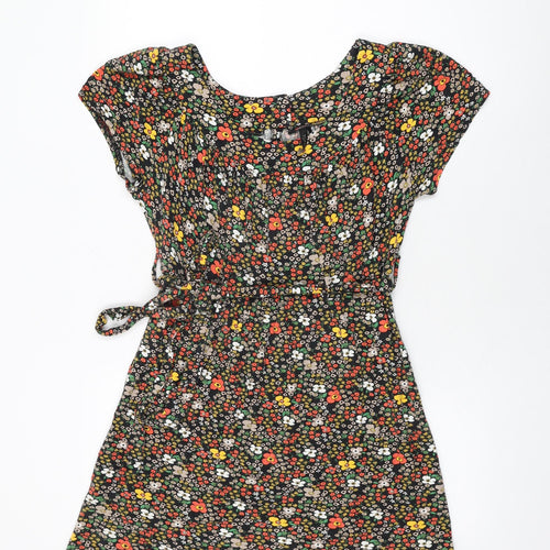 Topshop Womens Black Floral Viscose Mini Size 16 Round Neck Button