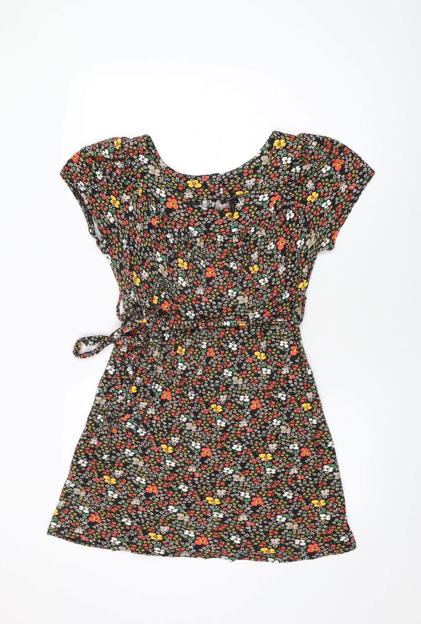 Topshop Womens Black Floral Viscose Mini Size 16 Round Neck Button