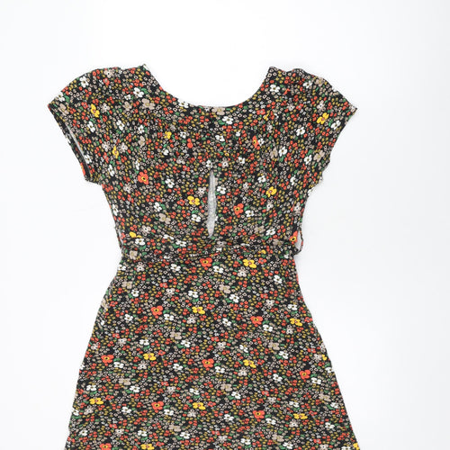 Topshop Womens Black Floral Viscose Mini Size 16 Round Neck Button