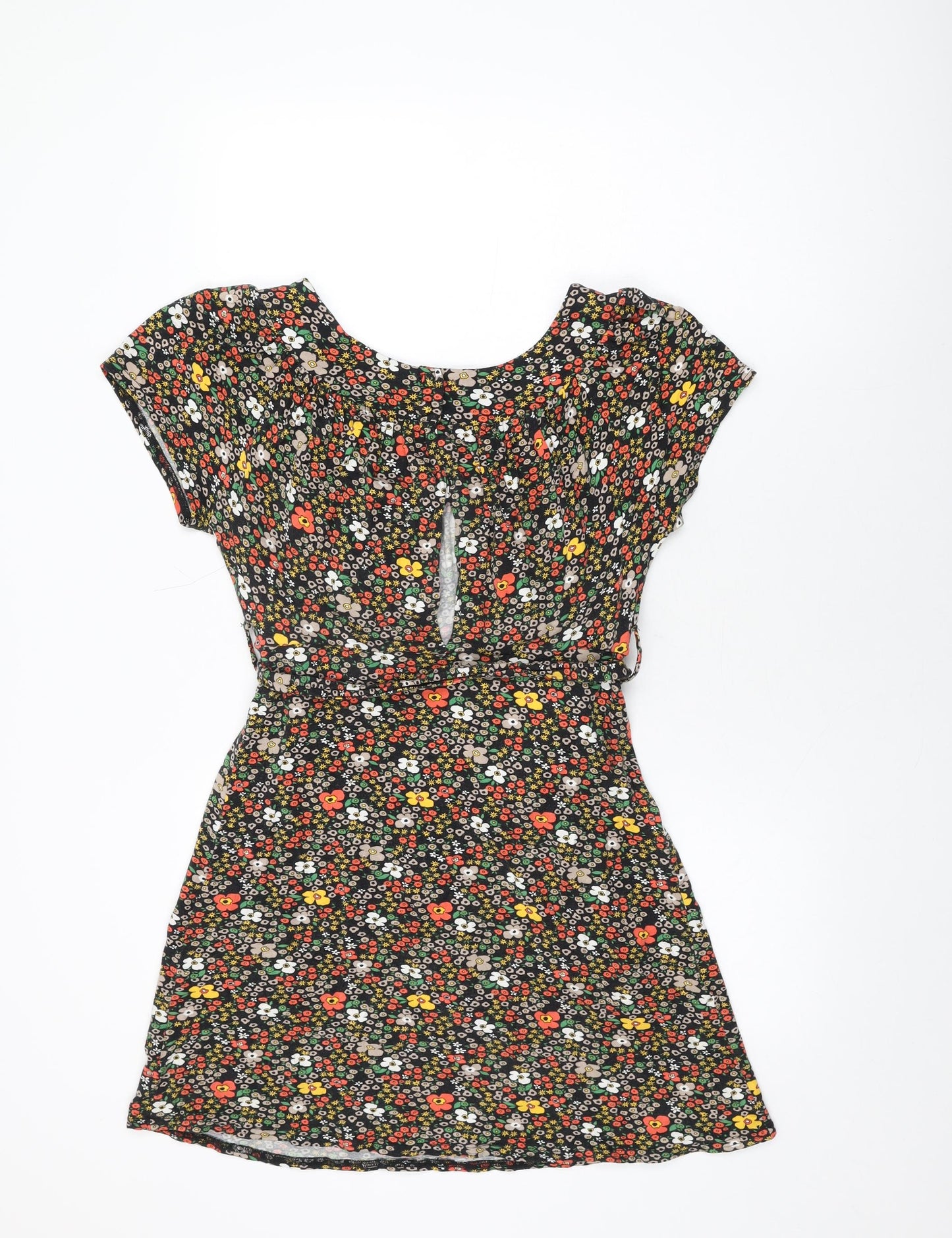 Topshop Womens Black Floral Viscose Mini Size 16 Round Neck Button