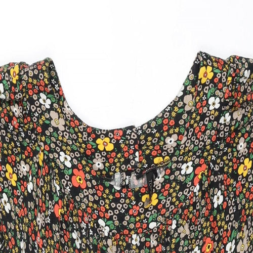 Topshop Womens Black Floral Viscose Mini Size 16 Round Neck Button