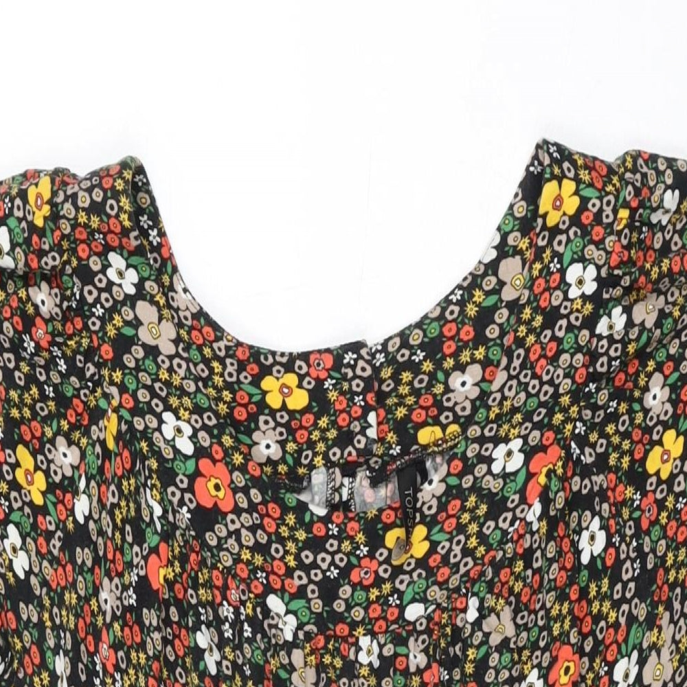 Topshop Womens Black Floral Viscose Mini Size 16 Round Neck Button