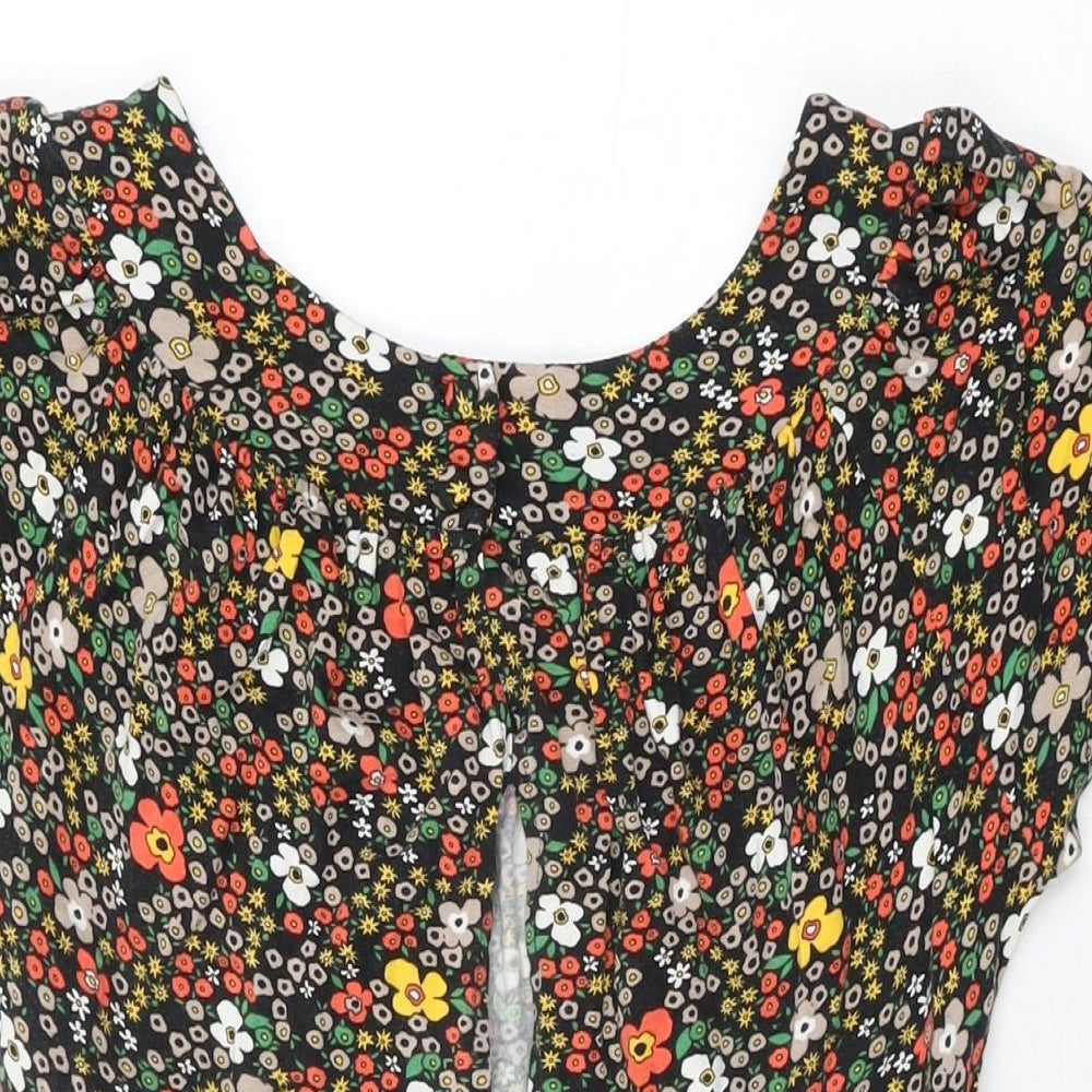 Topshop Womens Black Floral Viscose Mini Size 16 Round Neck Button