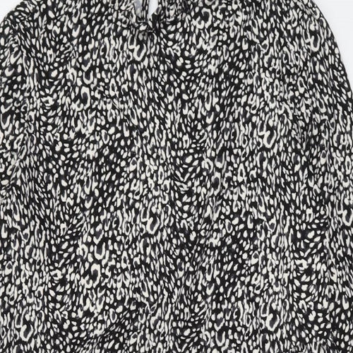 New Look Womens Black Animal Print Polyester A-Line Size 6 Mock Neck Button