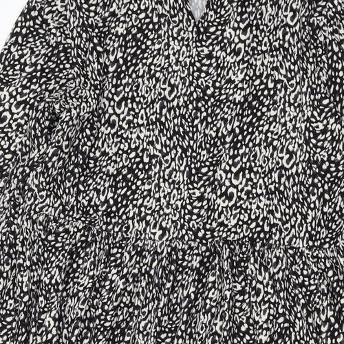 New Look Womens Black Animal Print Polyester A-Line Size 6 Mock Neck Button