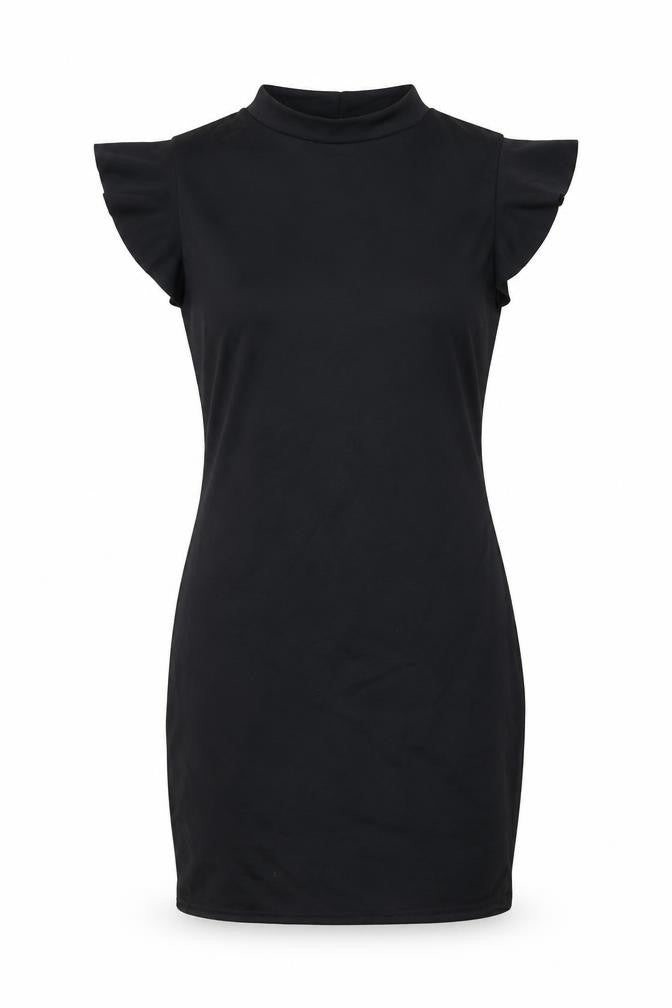 Front view of PRETTYLITTLETHING women’s black polyester mini, size UK 12, mock neck pullover