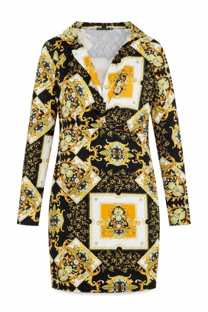 Front view of PRETTYLITTLETHING women’s black geometric polyester bodycon, size UK 10, v-neck pullover