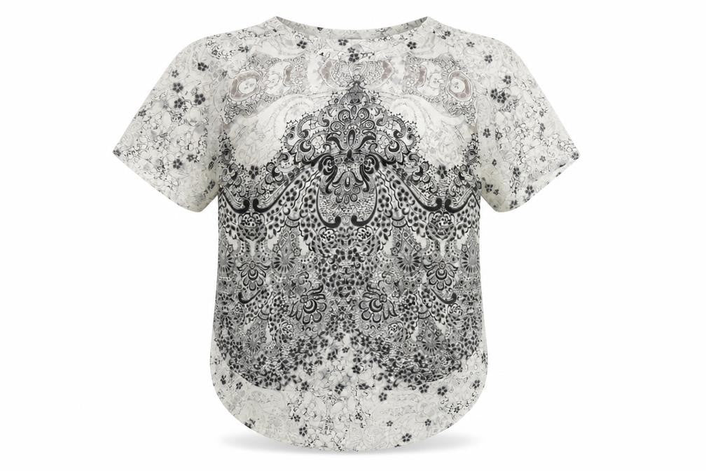 Front view of Autograph women’s beige geometric polyester basic blouse, size UK 10, round neck