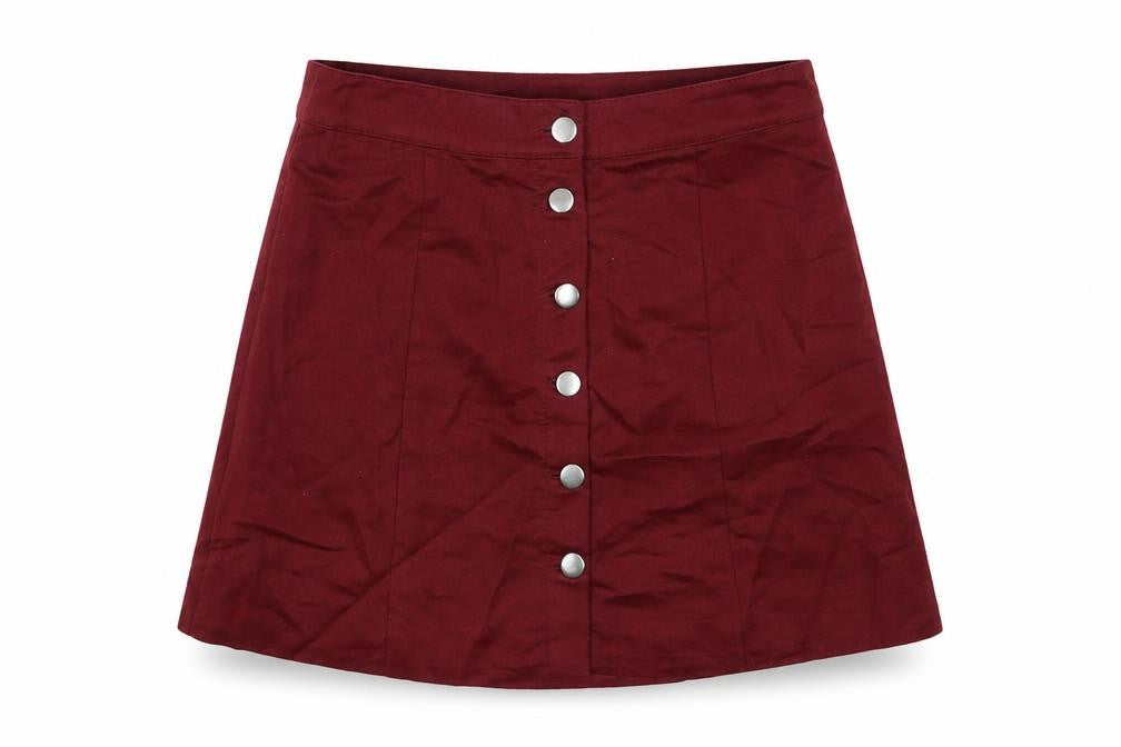 Front view of H&M women’s red polyester mini skirt, size UK 10, button