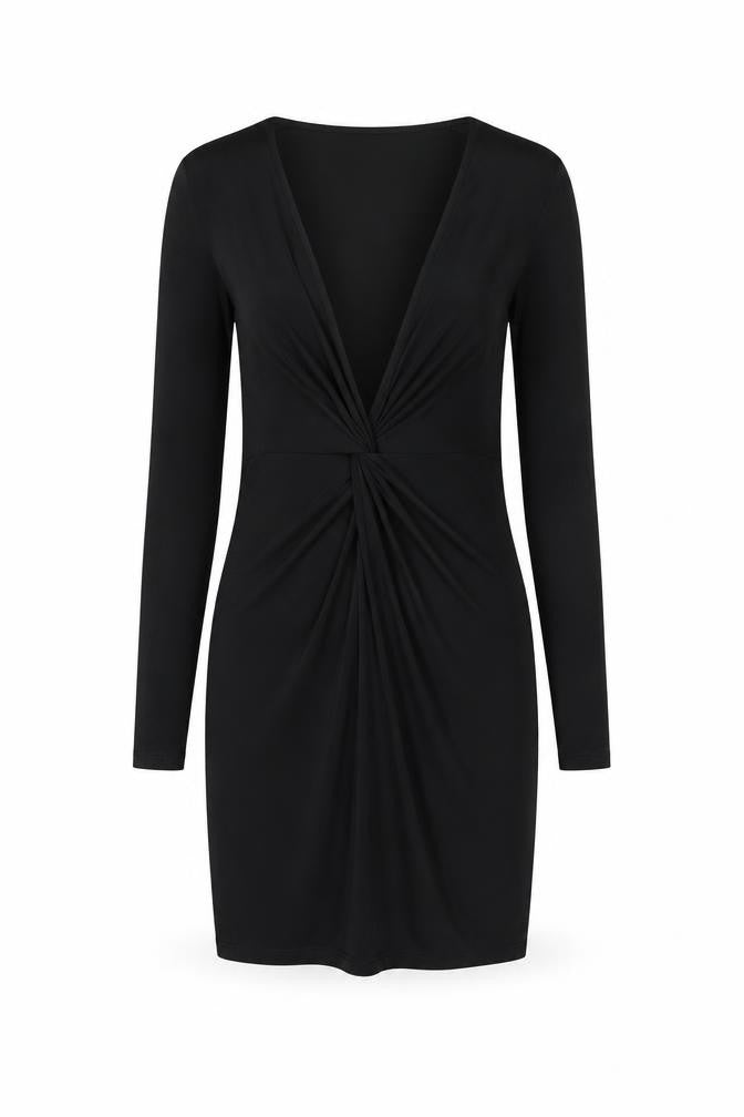 Front view of I SAW IT FIRST women’s black polyester bodycon, size UK 10, v-neck pullover