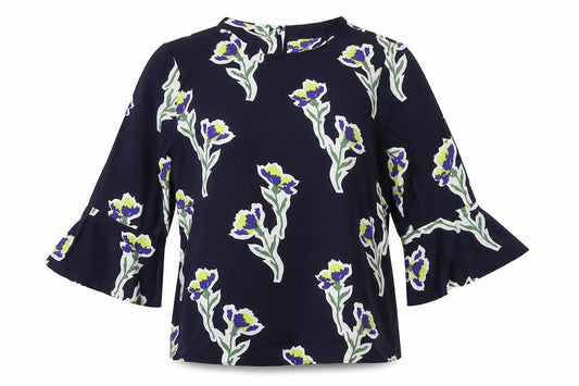 Front view of Warehouse women’s blue floral polyester basic blouse, size UK 12, round neck