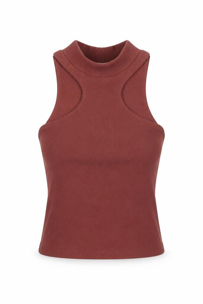 Front view of Zra women’s brown polyester cropped tank, size S, mock neck