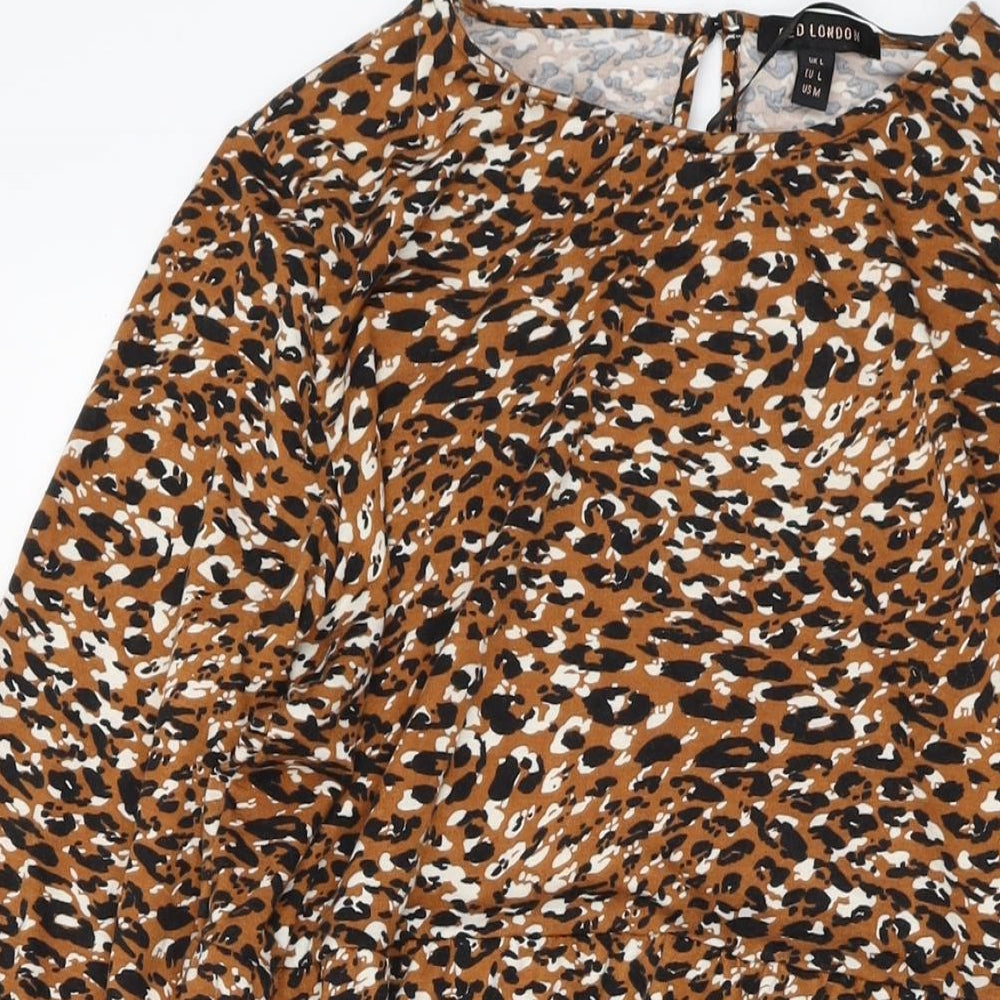QED London Womens Brown Animal Print Polyester A-Line Size L Round Neck Pullover