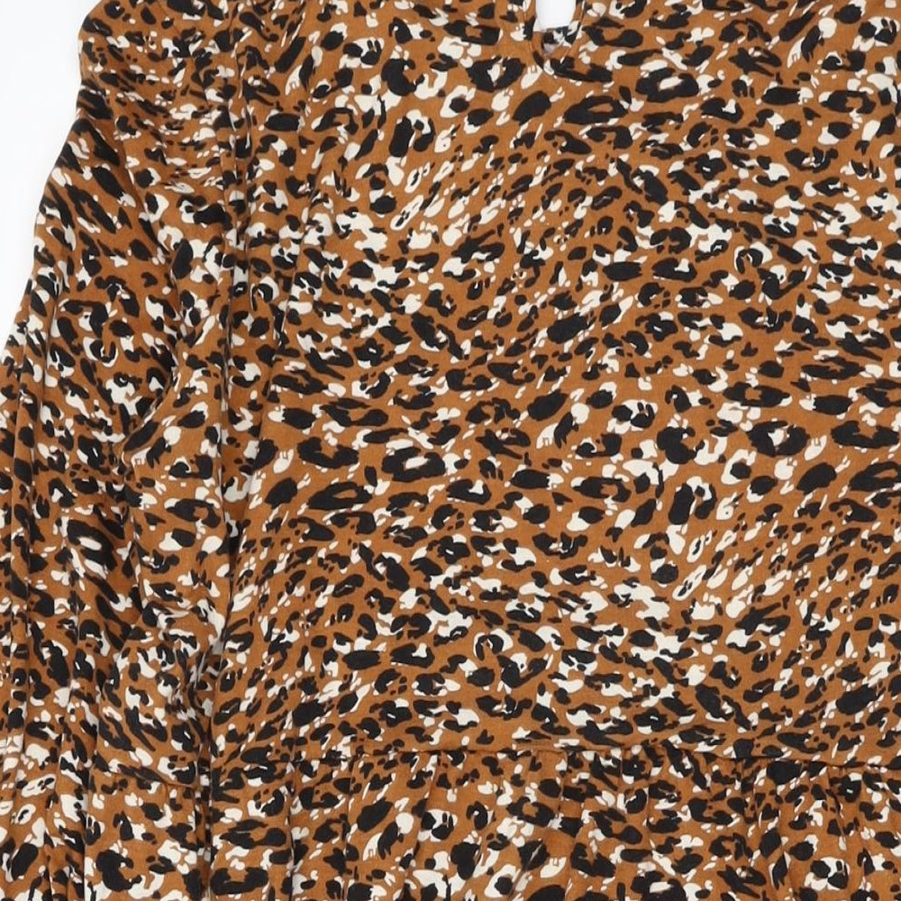 QED London Womens Brown Animal Print Polyester A-Line Size L Round Neck Pullover