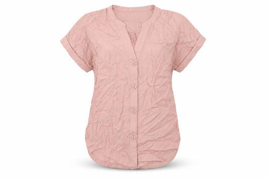 Front view of Forever New women’s pink polyester basic blouse, size XS, v-neck
