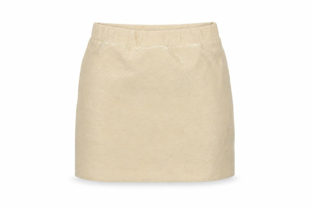Front view of Miss Selfridge women’s gold polyester mini skirt, size UK 8