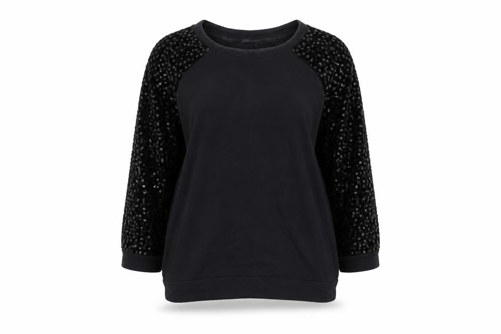 Front view of French Connection women’s black cotton pullover sweatshirt, size S, pullover