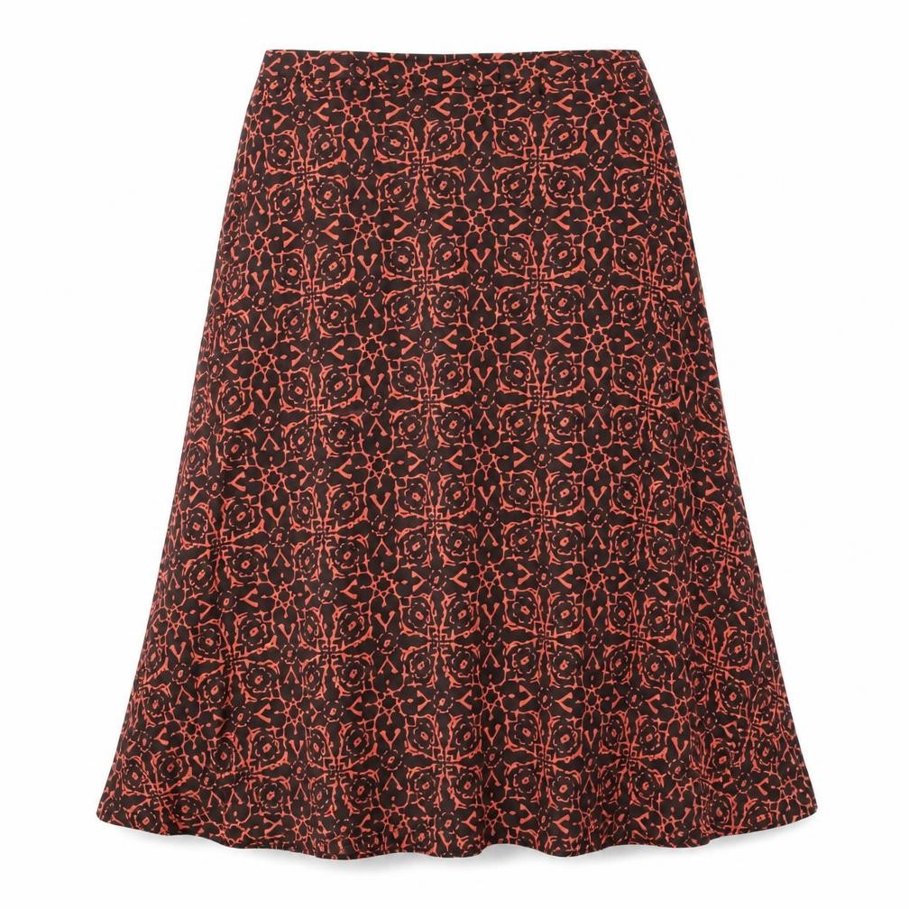 Front view of Anne Brooks women’s red geometric polyester a-line skirt, size UK 8, zip