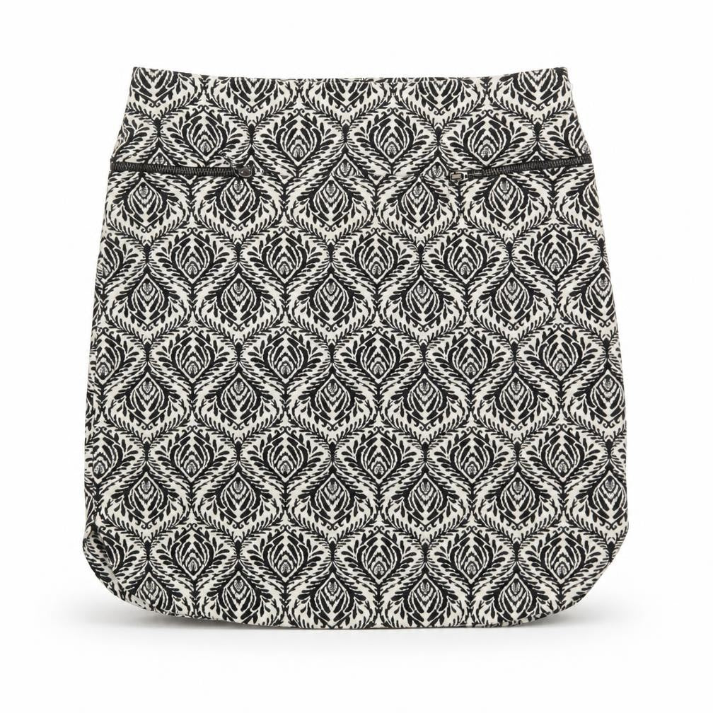 Front view of Next women’s beige geometric polyester mini skirt, size UK 10