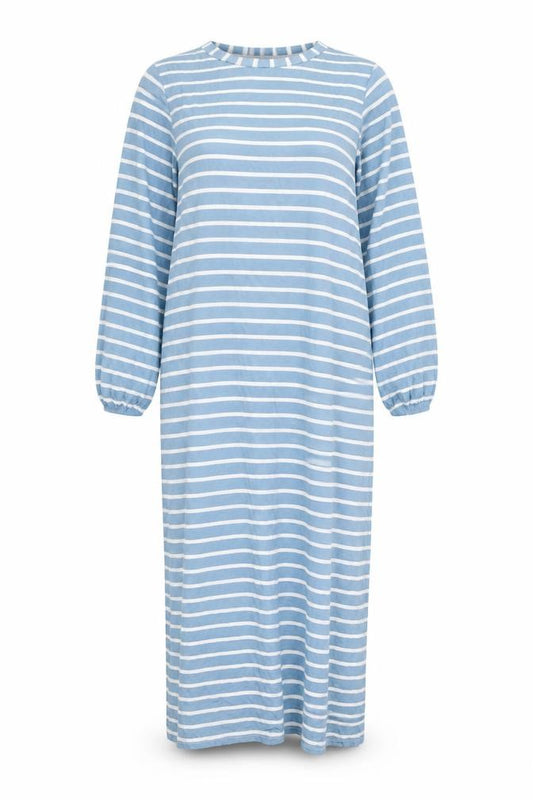 Front view of ASOS women’s blue striped viscose maxi, size UK 12, round neck pullover