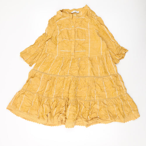 Mango Womens Yellow Plaid Viscose A-Line Size L Round Neck Button
