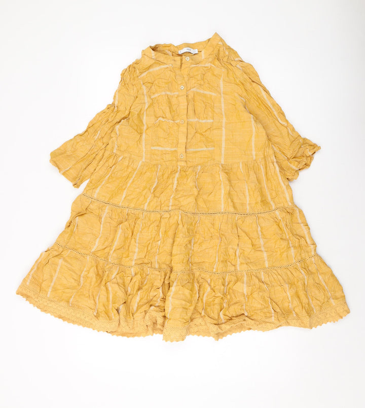 Mango Womens Yellow Plaid Viscose A-Line Size L Round Neck Button