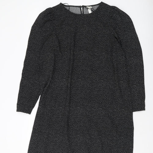 H&M Womens Black Polka Dot Polyester A-Line Size L Round Neck Button