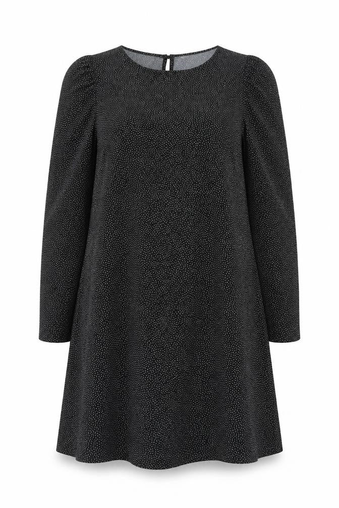 Front view of H&M women’s black polka dot polyester a-line, size L, round neck button