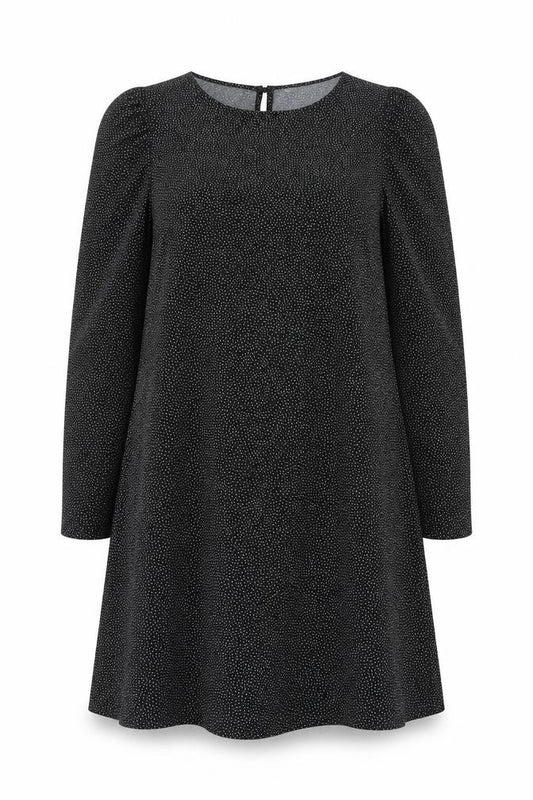 Front view of H&M women’s black polka dot polyester a-line, size L, round neck button