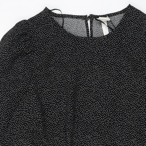 H&M Womens Black Polka Dot Polyester A-Line Size L Round Neck Button