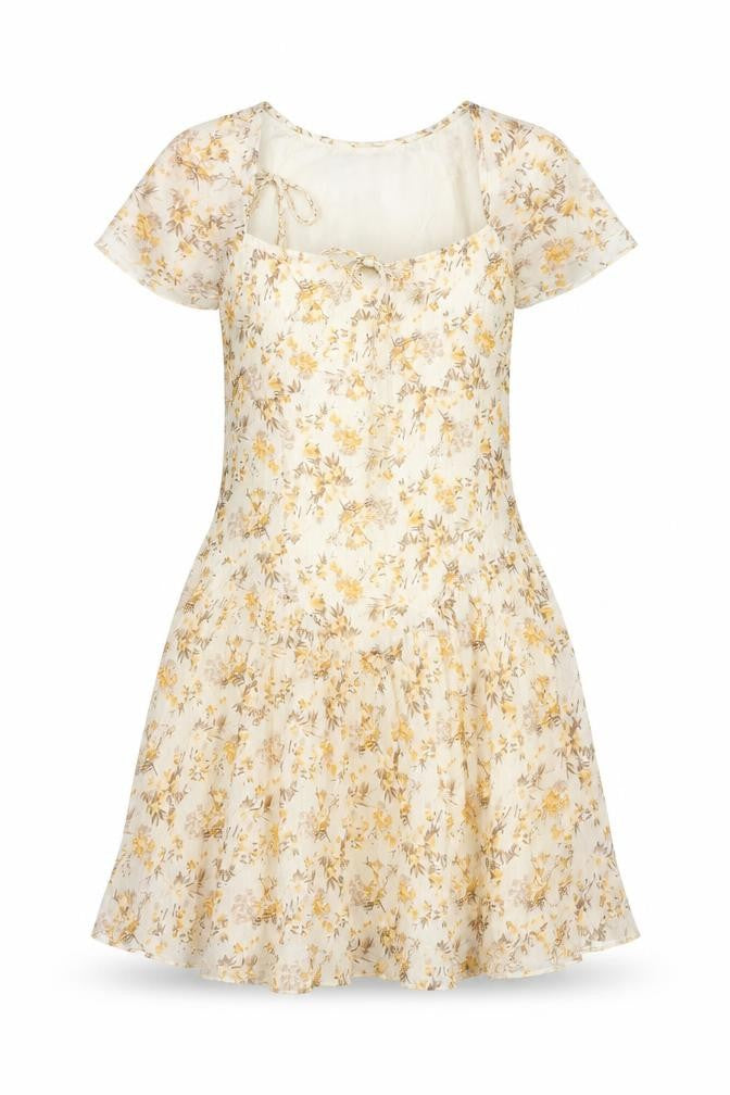 Front view of Cider women’s beige floral polyester a-line, size S, square neck pullover