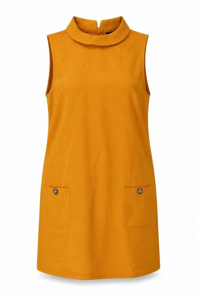 Front view of New Look women’s yellow polyester tank dress, size UK 16, collared zip