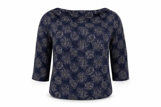 Front view of French Connection women’s blue geometric viscose basic blouse, size S, cowl neck