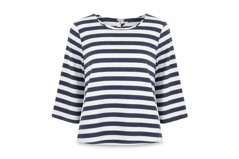 Forever 21 Womens Blue Striped Cotton Basic Blouse Size S Round Neck