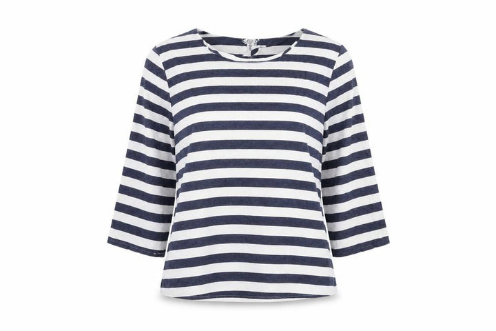 Forever 21 Womens Blue Striped Cotton Basic Blouse Size S Round Neck