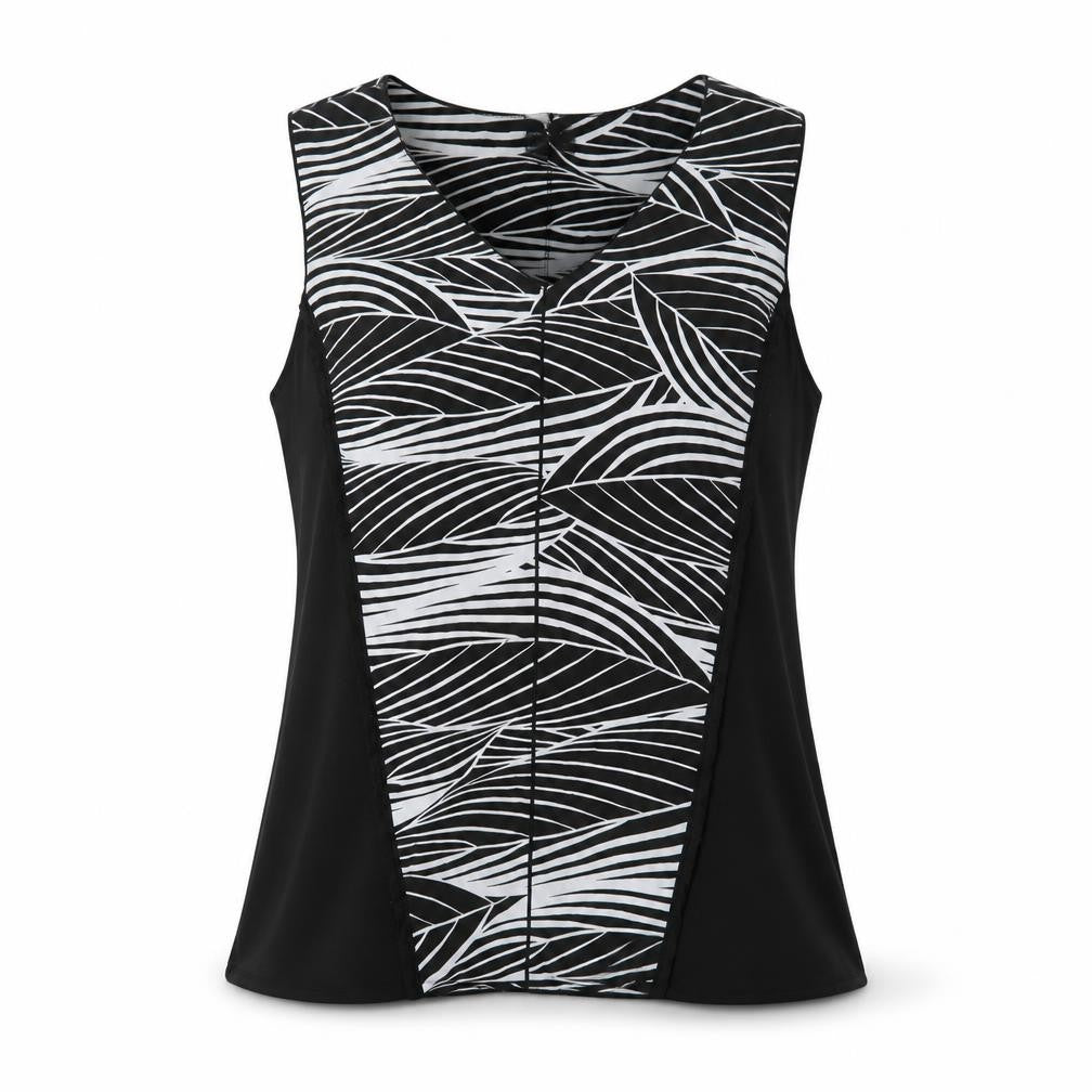 Front view of Worthington women’s black animal print polyester basic tank, size L, v-neck