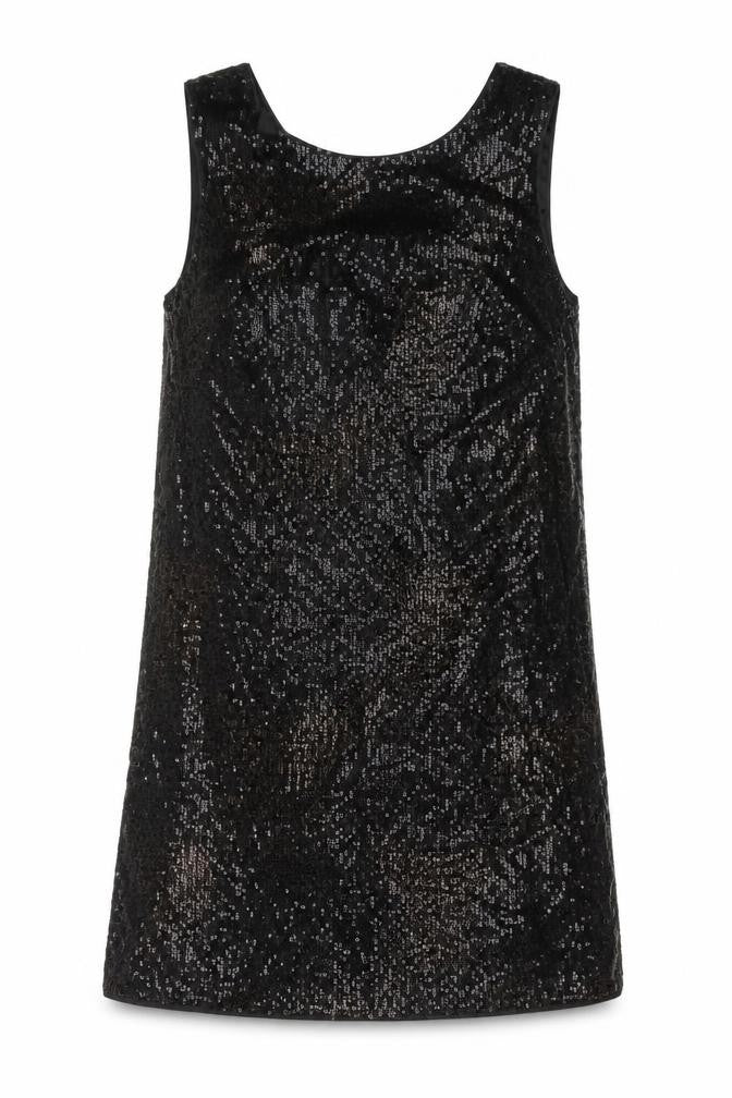 Front view of Next women’s black polyester tank dress, size UK 12, round neck zip
