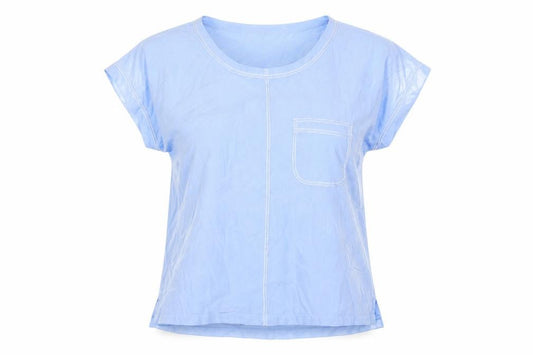 Front view of Marc Cain women’s blue polyester basic t-shirt, size UK 4, round neck